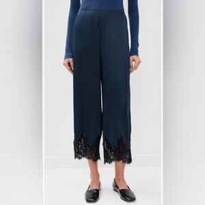 Reformation Carolina Silk Lace Hem Pants Navy Satin Wide Leg Size M NWT $218